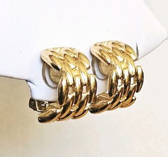 VTG Christian Dior Earrings Gold Plated Chain Basket Weave Half Hoop ClipOn .75″