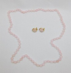 Vintage Hand Knotted Rose Quartz Gold 32″ Round Bead Necklace & Pierced Earrings
