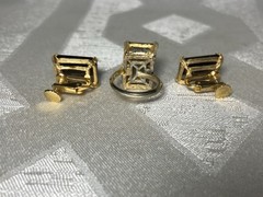 Vintage Bold Marvella Smoky Topaz Glass Ring & Screw Back Earrings Set Gold Tone