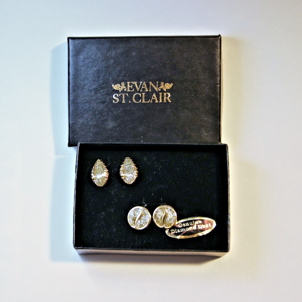 Evan St. Clair Gold Tone Diamond Dust Clip On Earrings Leaf & Circle NOS