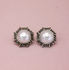 Vintage Sterling Silver Marcasite Faux Pearl Round Post Earrings – Ideal Gift