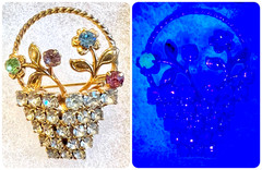 VINTAGE Basket of Rhinestone Flowers Brooch Gold Tone Lapel Pin Uranium Glow 60s