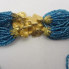 Vtg Glass Sead Bead Necklace Rhinestone Clasp Blue Multistrand Gold Tone 15 Inch
