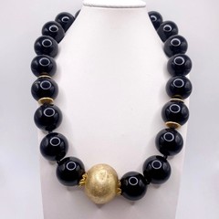 Vintage Black Onyx And Venetian Metal Golden Spheres Chunky Necklace 14”