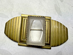 Art Deco gold-tone Etched Glass Fur Clip, Dress Clip or Brooch with C closure