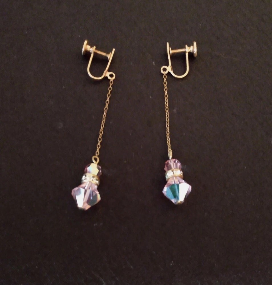 Vintage Goldtone Chain w/Pink Crystals & Rhinestones Dangle Screw Back Earring