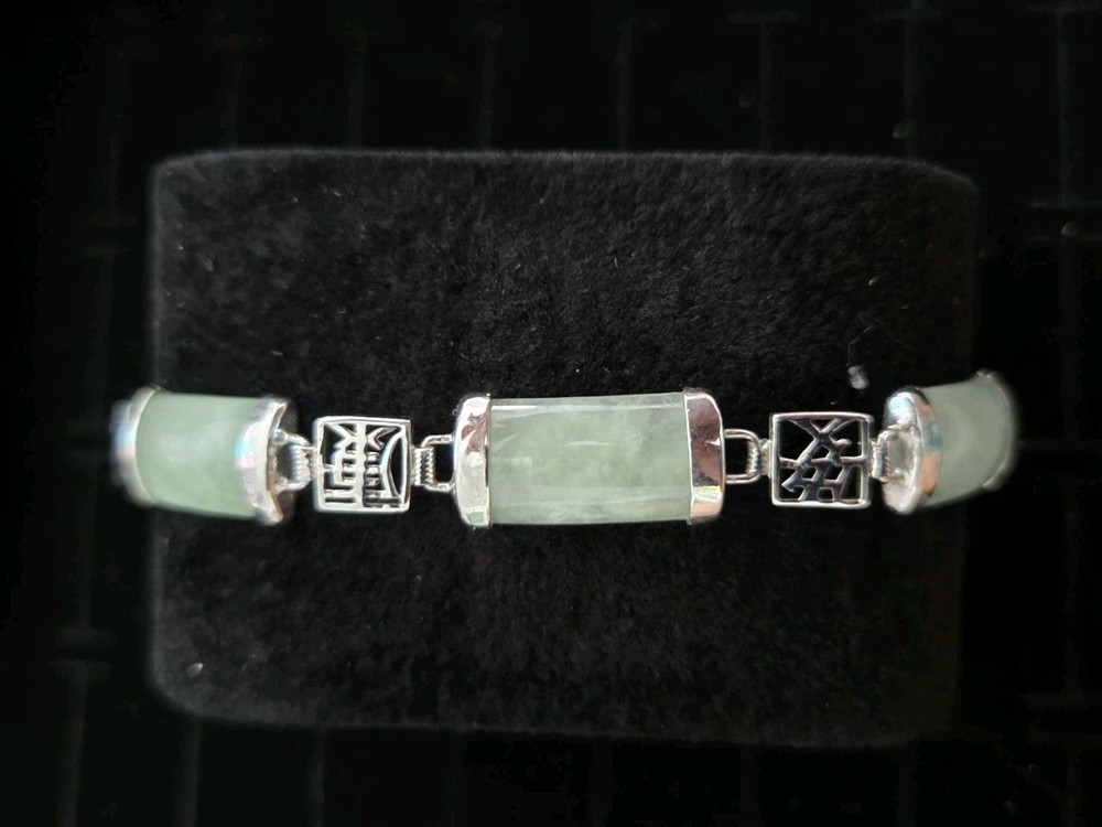 VTG 80s 14kp Green Nephrite Jade Jadite Panel Bracelet Asian Light Green Silver