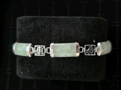 VTG 80s 14kp Green Nephrite Jade Jadite Panel Bracelet Asian Light Green Silver