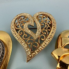 Vintage Heart Brooch Lot Gold Silver Tone Rhinestone Filigree Open Work Ribbon