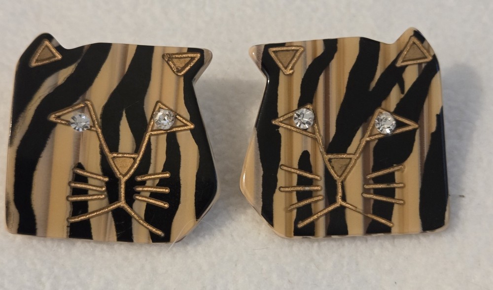 VTG Tiger Cat Face Post Earrings Edmar Galalith Rhinestone Statement Boho Chic