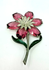 Vintage Brooch Pot Metal Stunning Purple Flower Glass Large Painted Estate