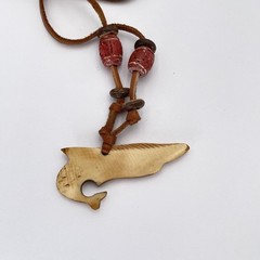 Boho Bone Shark Fish Pendant Necklace Brown Leather Wood Beads Statement Toggle