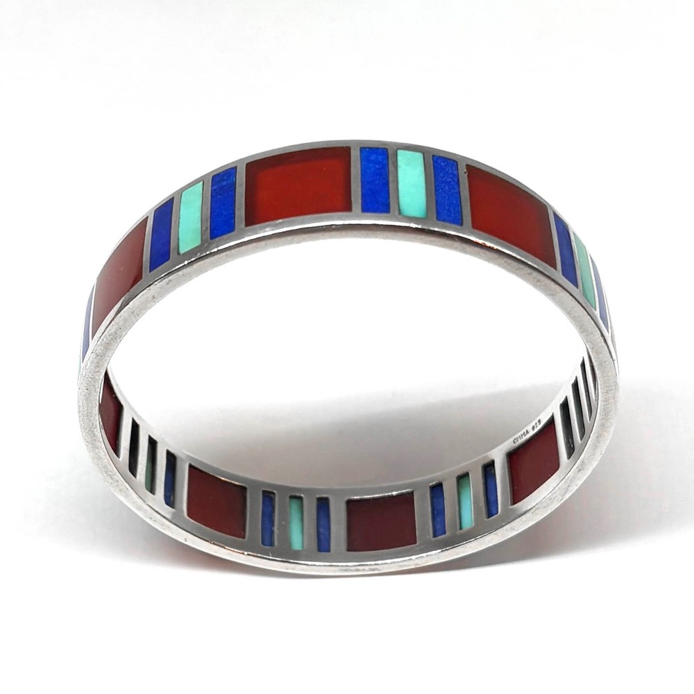 Signed EGYPTIAN REVIVAL MMA STERLING Bangle Bracelet TURQUOISE LAPIS CARNELIAN