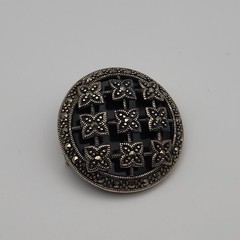 Vintage Art Deco Markasite Round Geometric Domed Sterling Silver 925 Brooch Pin