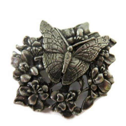 Vintage tiny pewter Birds and Blooms limited edition butterfly brooch pin