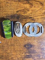 3pc Vtg 1930s Art Deco Jewelry Lot Carved Celluloid Pendant Turquoise Buckle