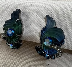 Vintage 1960s Signed EDLEE Cornucopia Molded Art Glass Blue Rhinestone Earrings