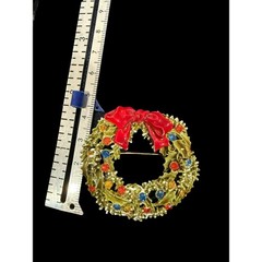 Vtg By ART Antiqued Gold Tone Colorful Rhinestone Enamel Christmas Wreath Pin