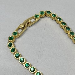 VTG Green Rhinestone Tennis Bracelet Gold Tone Faceted Glass Bezel Fold Over 7″