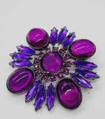 Flower Brooch PURPLE Gunmetal tone 2.5 in Art Deco Pin Statement Jelly Belly Vtg