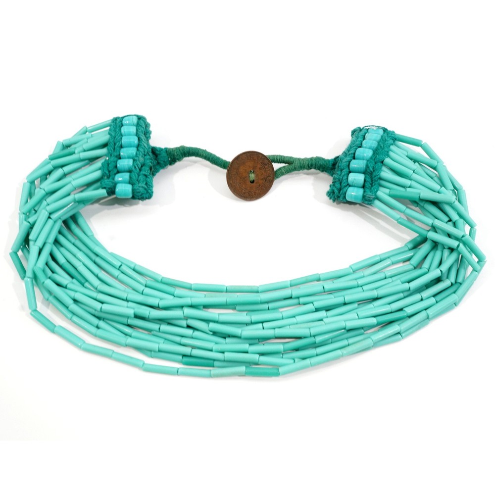 Konyak Naga 15 Strand Turquoise Glass Bead Necklace 1940 India Coin Clasp VTG