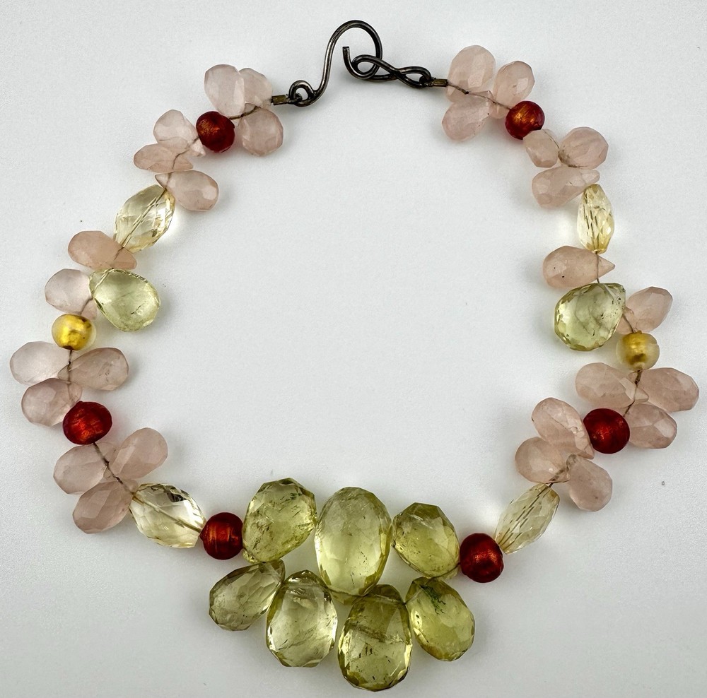 Vintage Prehnite Rose Quartz Sterling Silver Artisan Choker Necklace Gorgeous