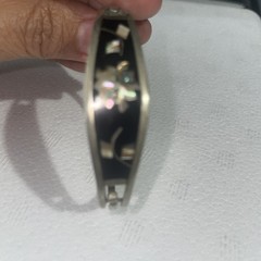Vintage Taxco Mexico Silvertone Abalone Shell Flower Black Hinge Bangle Bracelet
