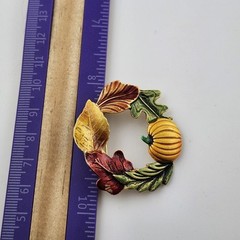 Vintage TONA Fall Autumn Pumpkin Leaf Green Orange Enamel Pin Signed Brooch