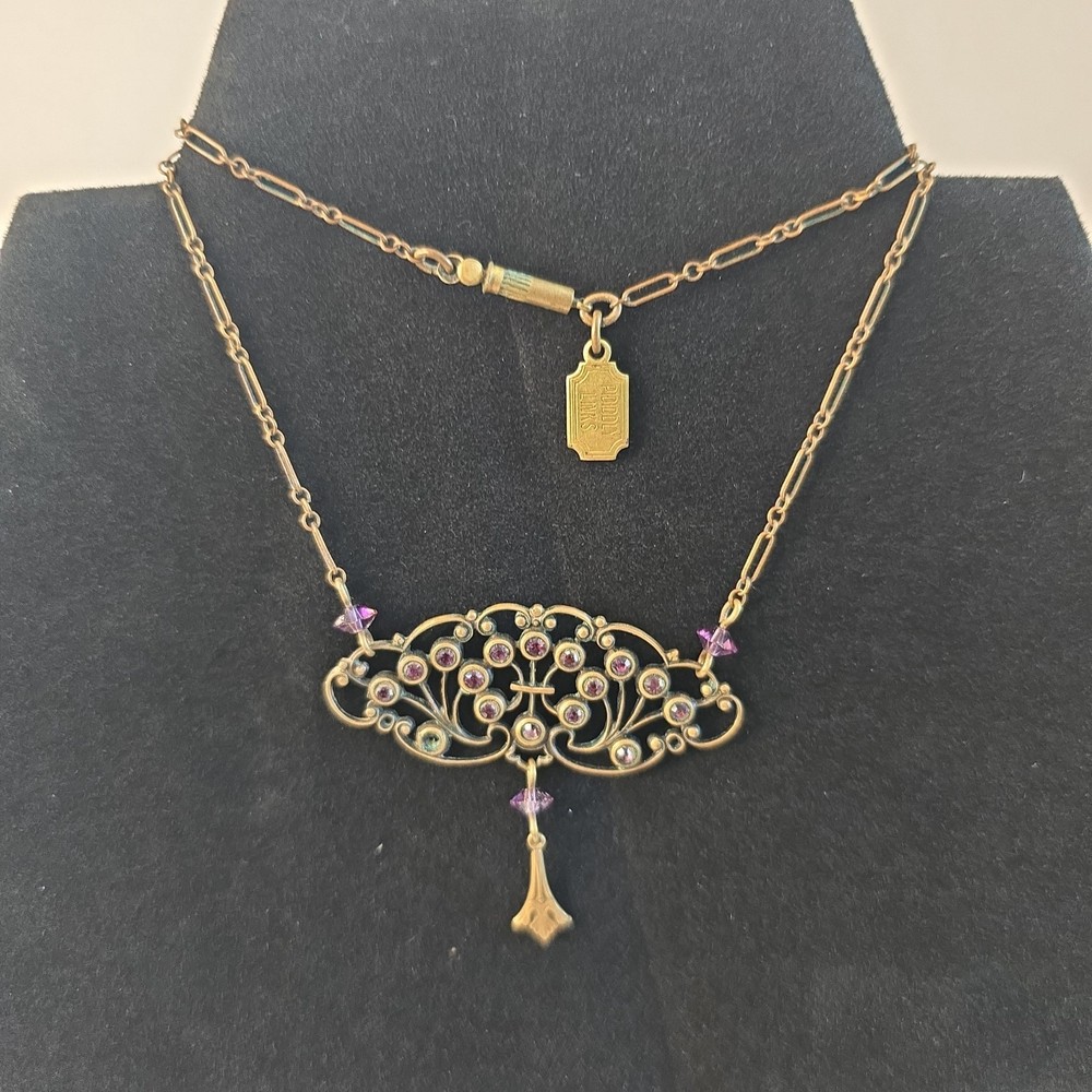 VTG Pididdly Links Brass Gold Tone Rhinestone Art Nouveau Necklace Kingston NY