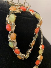 Vtg Thermoset Necklace Bracelet Earring Set Sherbet Melon Lucite Stone Gold Leaf