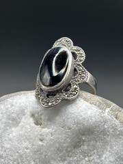 Vintage USSR 925 Silver Ring Black Stone Jewelry Size 7