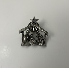 Vintage~Clutch Back Pin~Nativity 3D Scene~Matte SilverTone with Rhinestone~Lapel