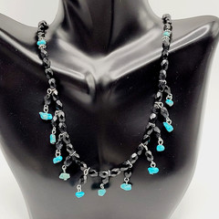 Southwestern Style Black Glass Faux Turquoise Beaded Fringe Vintage Necklace