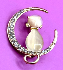 Gold Tone Rhinestones Cat & Moon Brooch Contemporary