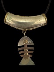 Vintage Fish Skeleton Pendant Slide Necklace Mixed Metal Mid Century On Silk