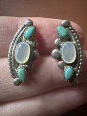 Vintage Navajo Sterling Silver & Turquoise Moonstone Earrings Stud Signed DG