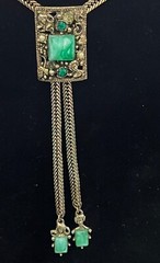 Vtg Selro Selini Necklace Jeweled Slide & Figural Faces Herringbone Chain 25”