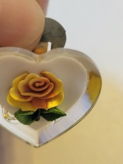 Vtg Estate Clip Earrings Acrylic Resin Heart Shaped Inlaid Yellow Rose Jewelry