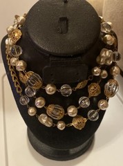 Vtg Miriam Haskell Signed Faux Pearl Lucite Ornate Russian Gold Beaded Necklace