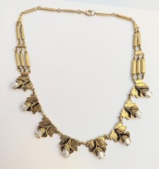 Vtg Estate Brass Genuine Pearl Flower Leaf Link Necklace 15.5″ 3D