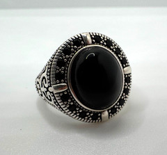 Vintage 925 Sterling Silver Statement Gents Onyx Engraved Signet Time Gothic