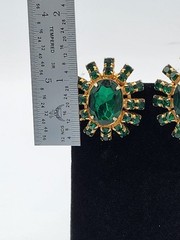 Vintage Green Oval Crystal Halo Clip On Earrings Mid Century Cocktail Cluster