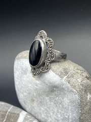 Vintage USSR 925 Silver Ring Black Stone Jewelry Size 7