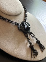 Rare Antique Victorian Gutta Percha Vulcanite Mourning Necklace Pendant Tassels