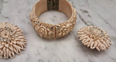 Vintage Cream Plastic Flower Rhinestone Earrings & Hinged Bangle Featherweight