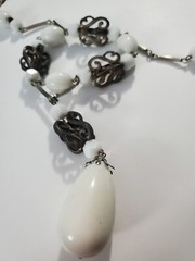 Vtg. White Milk Glass & Metal Beaded Necklace, Plastic Pendant