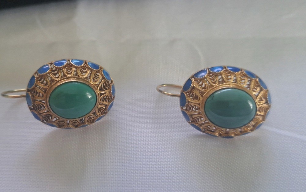 Vintage Gold Gilt Sterling Silver Turquoise Blue Enamel Dangle Earrings Jewelry