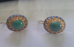 Vintage Gold Gilt Sterling Silver Turquoise Blue Enamel Dangle Earrings Jewelry