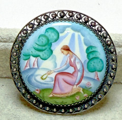 Vintage Russian Rostov Finift Hand Painted Maiden by The River 2″ Enamel Brooch