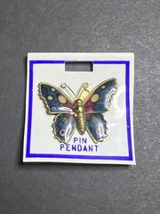Vintage Whimsical Blue Multicolor Enamel Butterfly Brooch Pin Pendant 1 x 1.25″